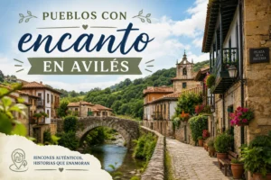 Promotional banner for 'Pueblos con encanto en Avilés' featuring a stone bridge over a river, charming village houses, and colorful flowers.